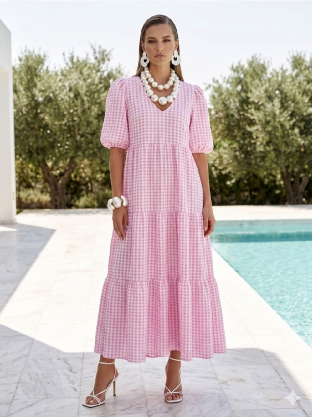 Karlie Pink Gingham Maxi Dress Bohemian Cottagecore Tiered Resort Size S